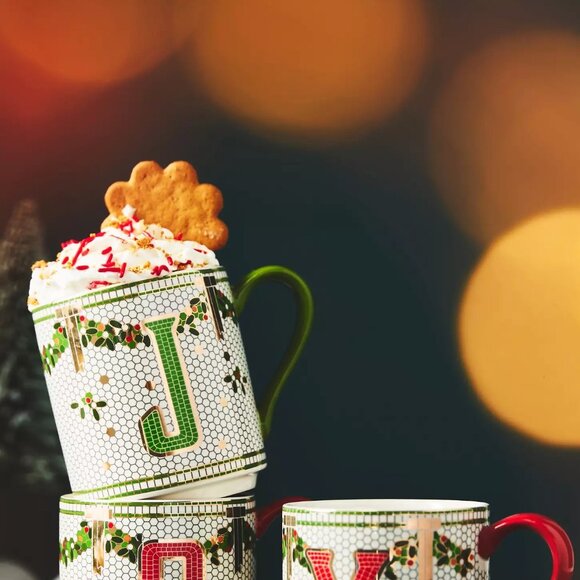 Anthropologie Festive Bistro Tile Stoneware Monogram Mug Letter J Paris Cafe New - Picture 2 of 6